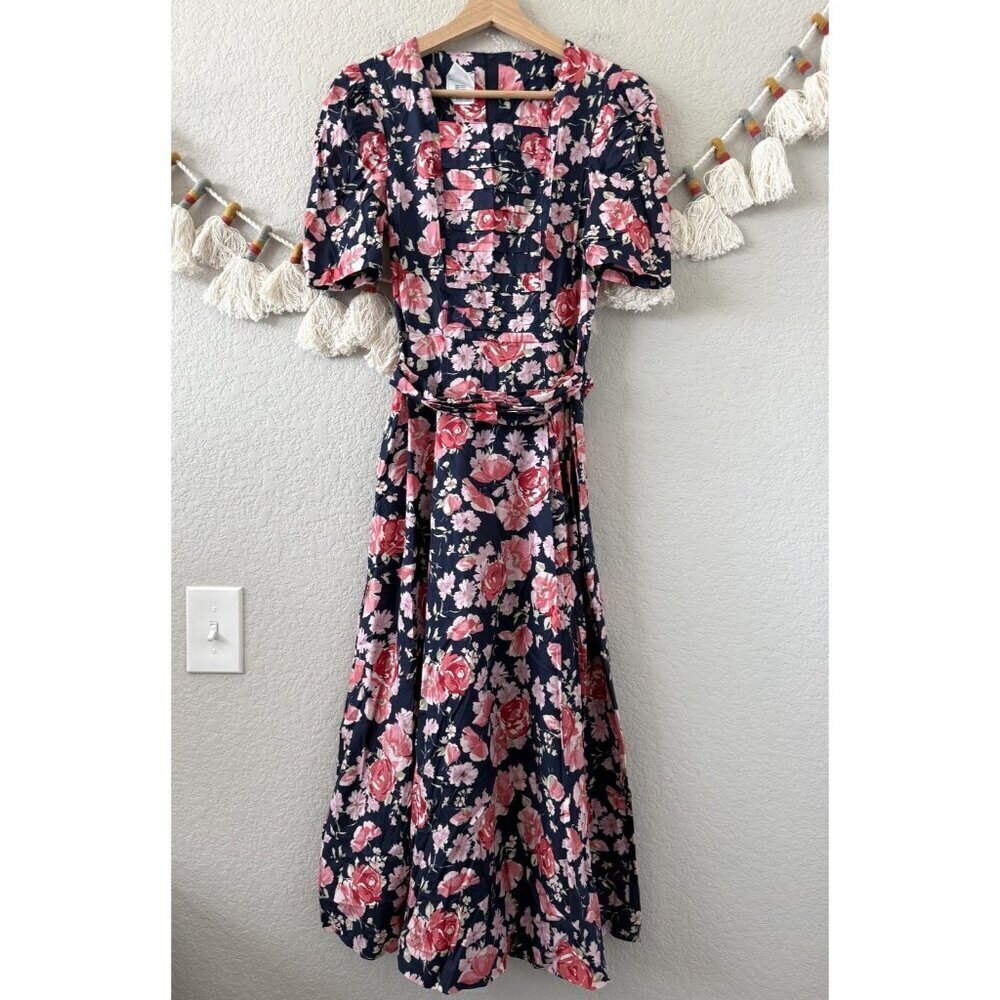 Vintage Laura Ashley 80s Floral Poplin Midi Dress Pink Cottagecore Prairie 6